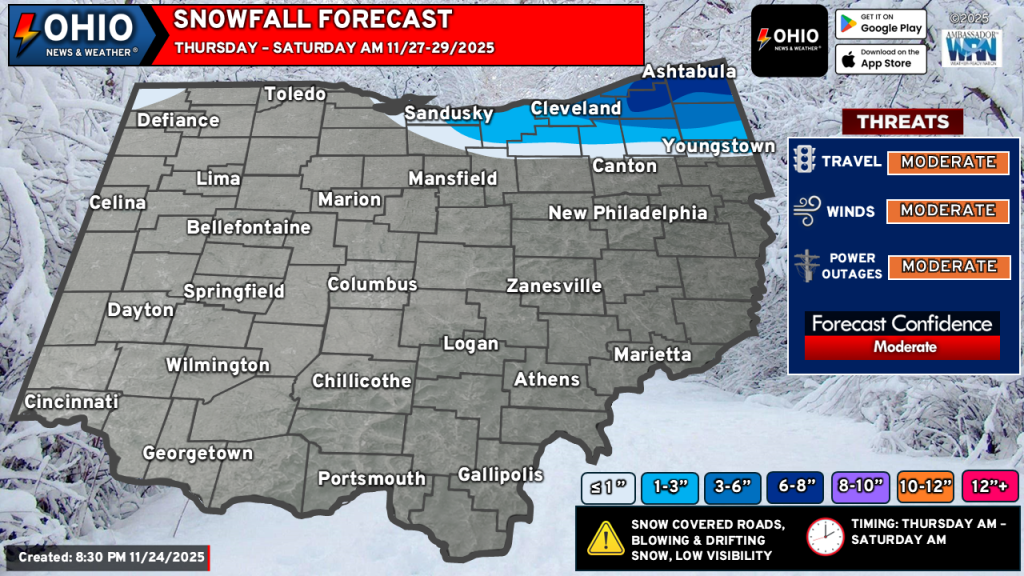 Thanksgiving Lake Effect Snow forecast for Ohio.